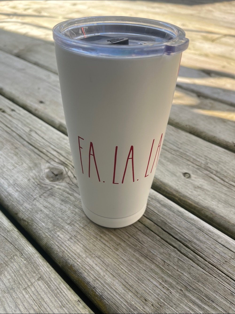 NWT Rae Dunn White Travel Tumbler with Red "FA. LA. LA." Lettering
